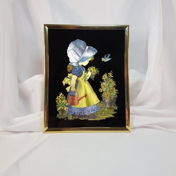 VTG 1951 Holly Hobbie Foiled Picture Tinsel Wall Art With Gold Frame Americana - Picture 2 of 16